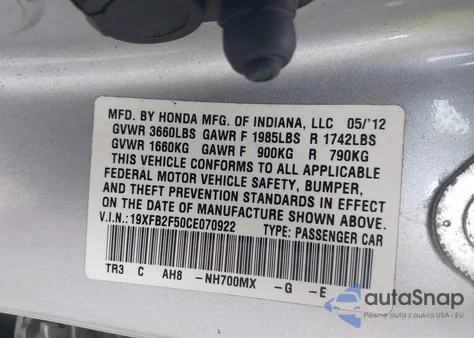 2012 Honda Civic Lx z USA, uszkodzony, nr VIN 19XFB2F50CE070922